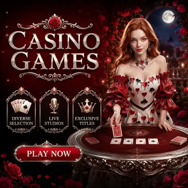 La Condesa del Té presentando juegos de casino en elegante mesa de cartas iluminada por la luna de Winzoria