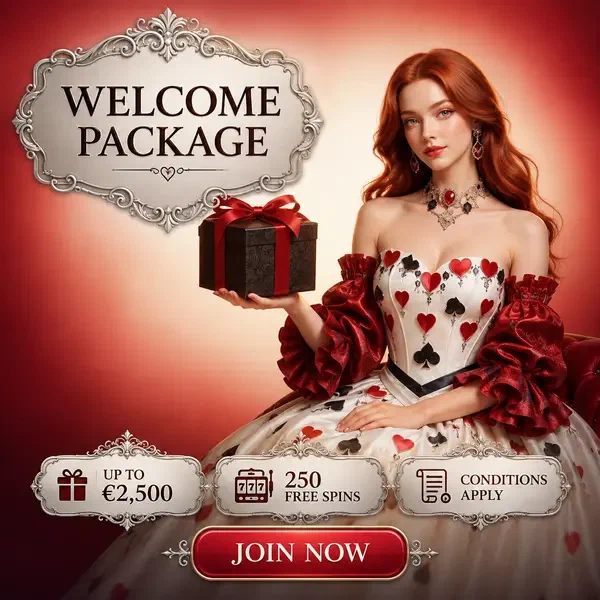 Elegante Condesa del Té presentando regalo de bono de bienvenida de Winzoria Casino con lazo rojo
